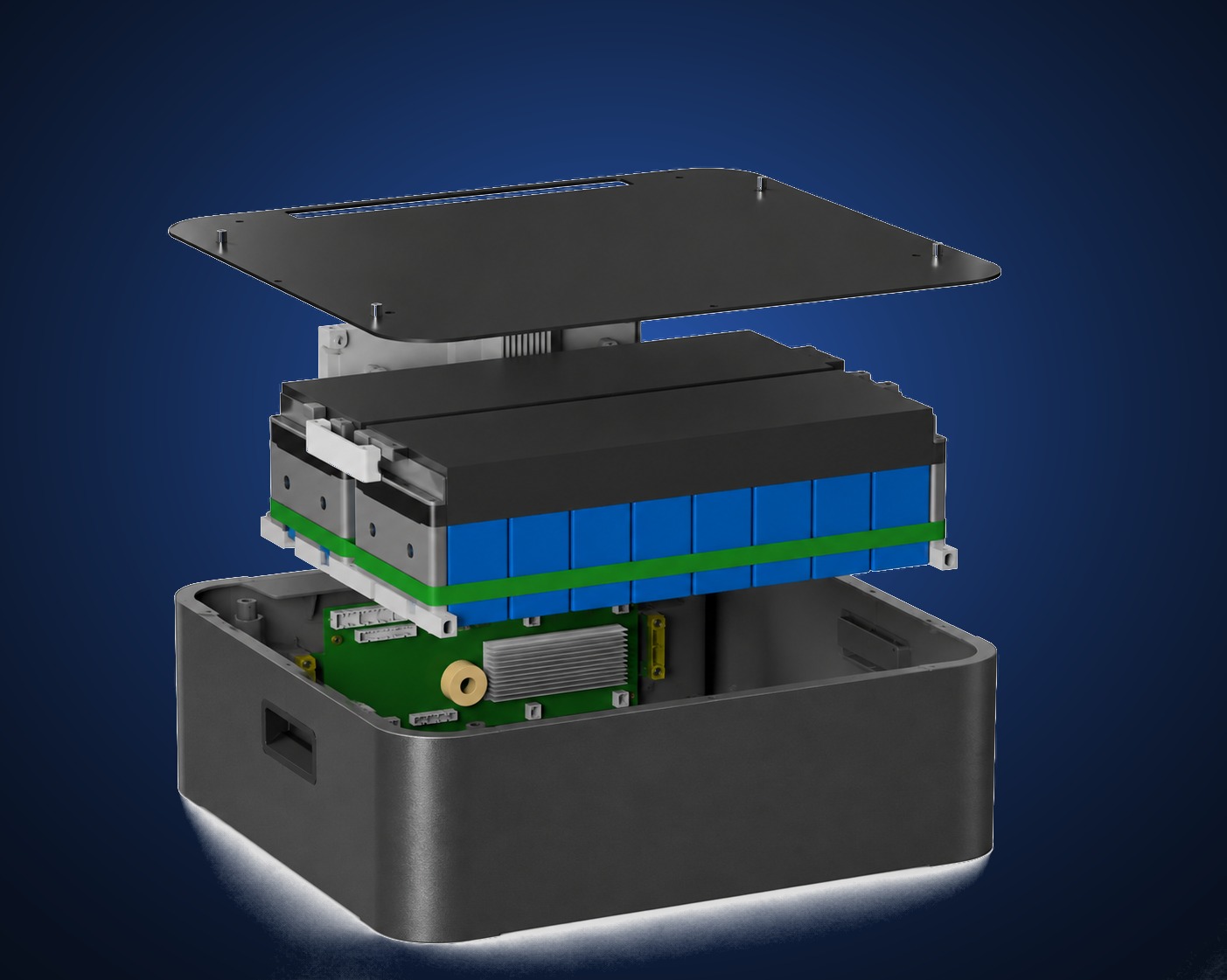 Vista esplosa del PowerStack LANP: celle LFP, BMS, dissipatore e involucro