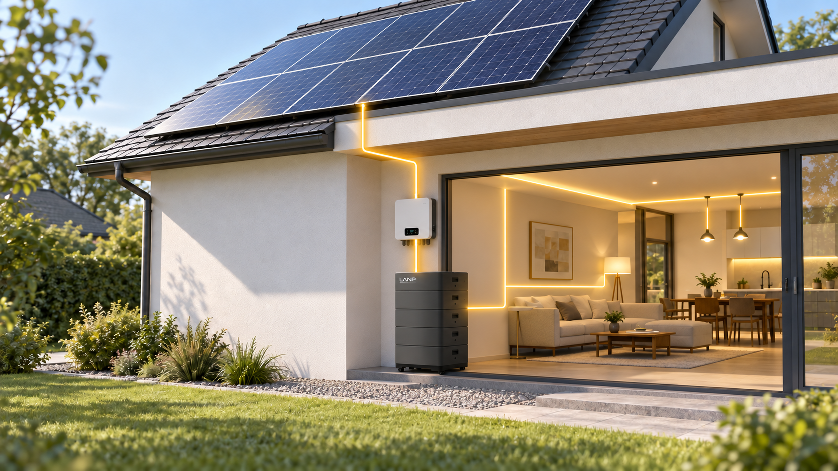 Sistema di accumulo domestico LANP PowerStack con pannelli solari e inverter